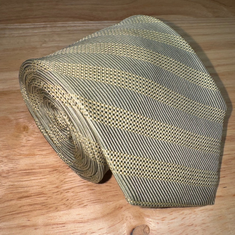 Brooks Brothers Makers Sage Green Gold Stripe Silk Tie Woven in England USA Made